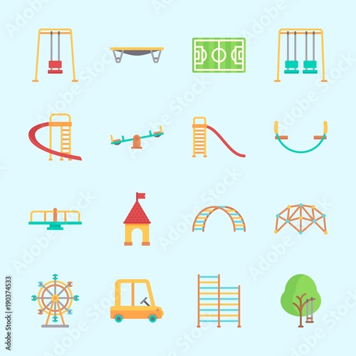 Icons about Amusement Park with carousel, carrousel, slide, toy car, ferris wheel and jumping flore
