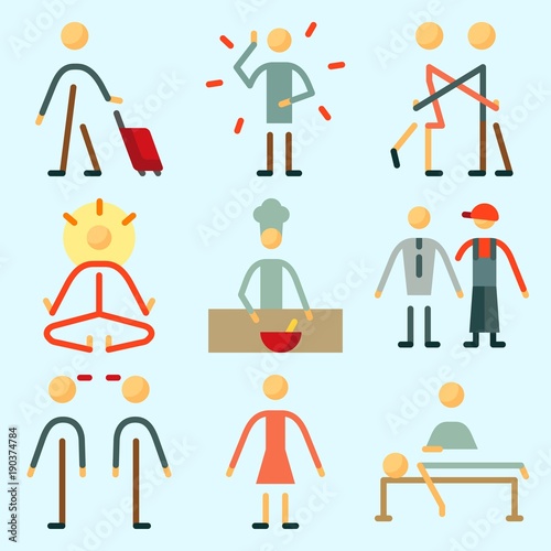 Icons set about Human with chief, male, yoga, massage, relations and cooker