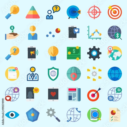 Icons set about Marketing with internet, line chart, money, pie chart, idea and line graph
