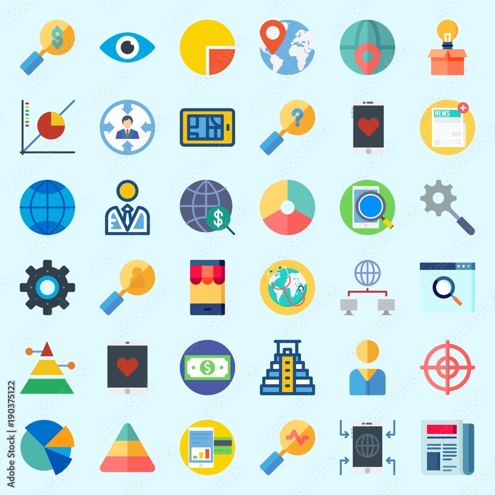 Icons set about Marketing with search, networking, idea, vision, settings and user