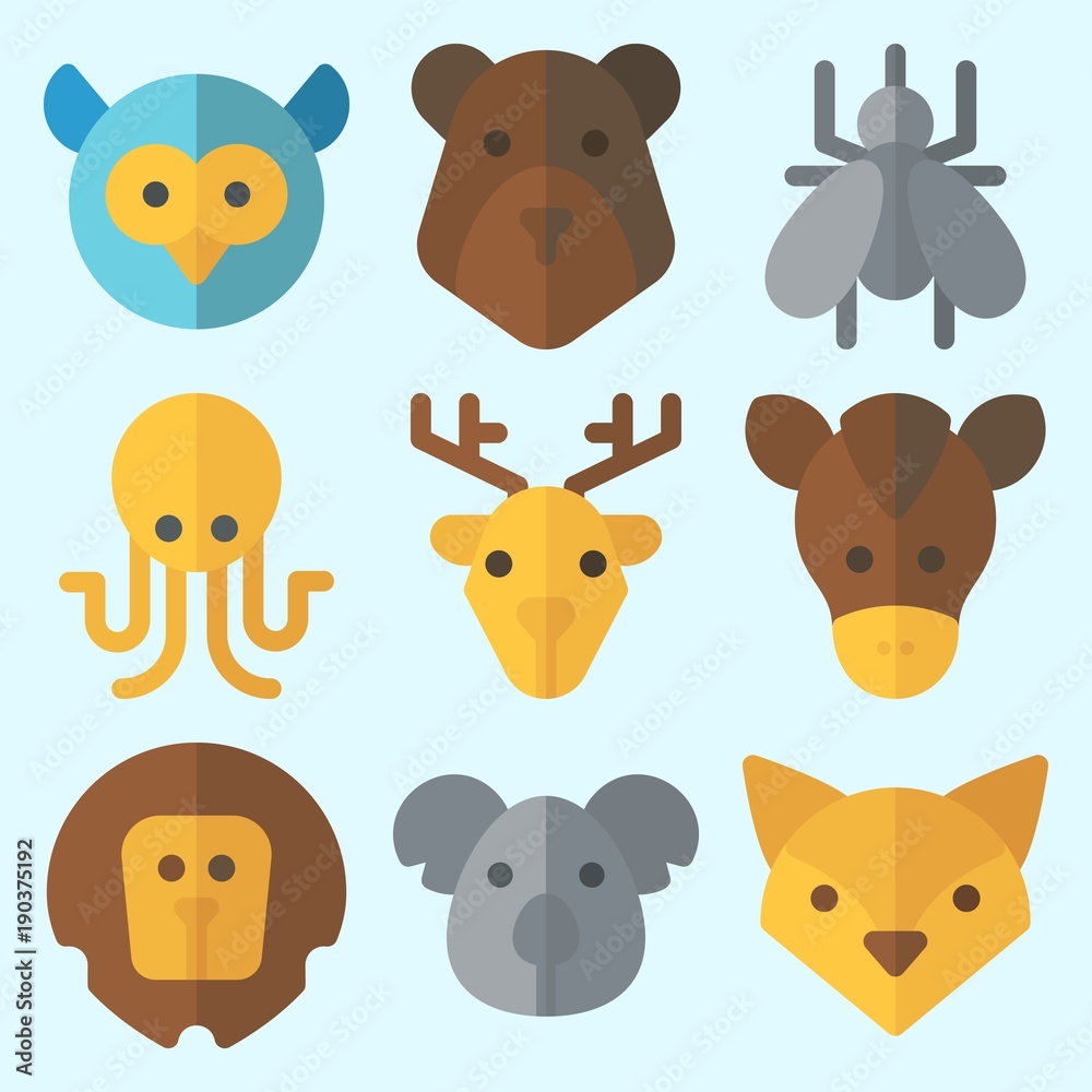 Fototapeta premium Icons set about Animals with mosquito, deer, koala, bear, owl and octobus