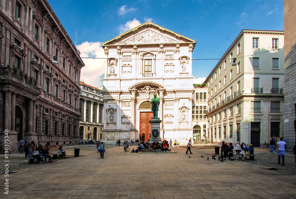 the church of San Fedele in the homonymous square and the monument to the writer Alessandro Manzoni.Milano, Italy