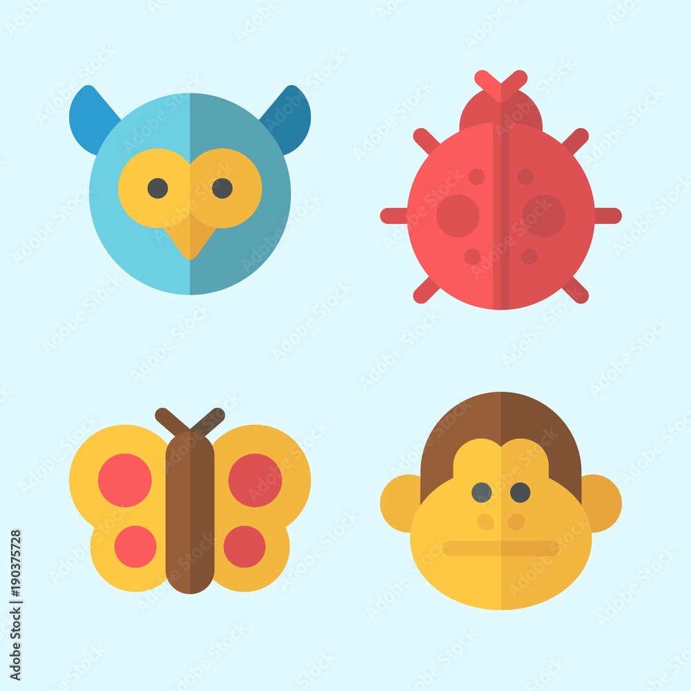 Icons set about Animals with butterfly, ladybug, owl and monkey