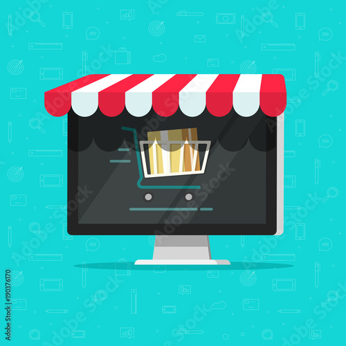 Online shop on computer vector illustration, e-commerce store, internet shop isolated, flat cartoon laptop as ecommerce on-line store with shopping cart on screen, digital showcase