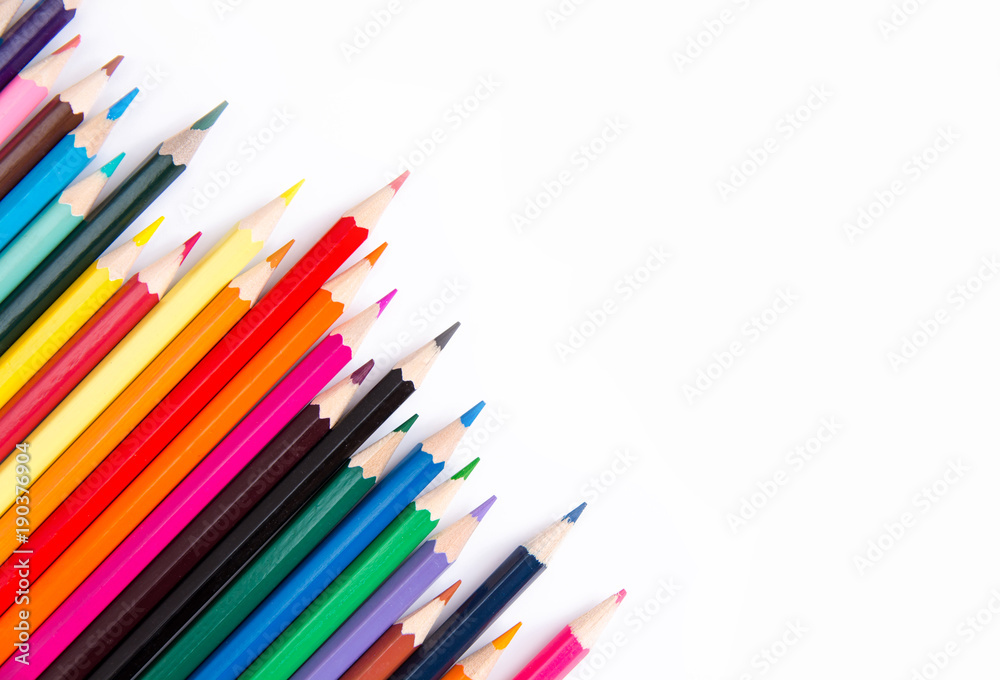 Pencils colorful set, wooden colored pencils isolated on white background, copy space