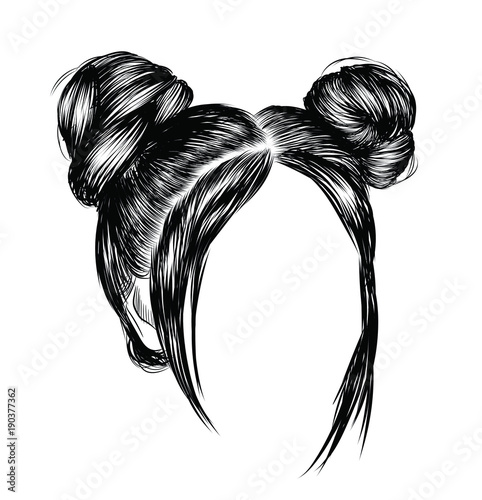 Cute girl with double hair buns and long silky hair.Close up look, closed eye with long eyelashes and full shaped eyebrows, perfect lips shape.Hand-drawn idea for business visit card typography vector