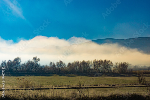 Fog covered lake Stymfalia located in the north-eastern part of the Peloponnese, in Corinthia, southern Greece photo