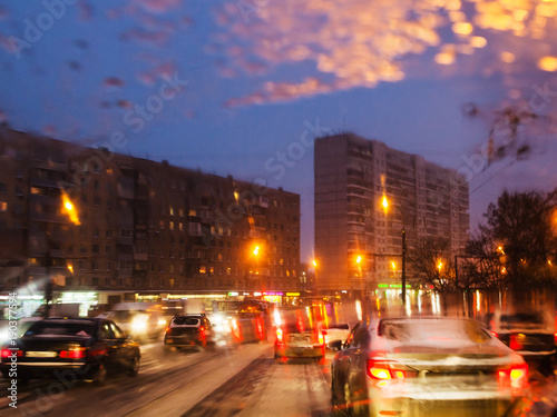 car traffic in Moscow city in snowy evening © vvoe