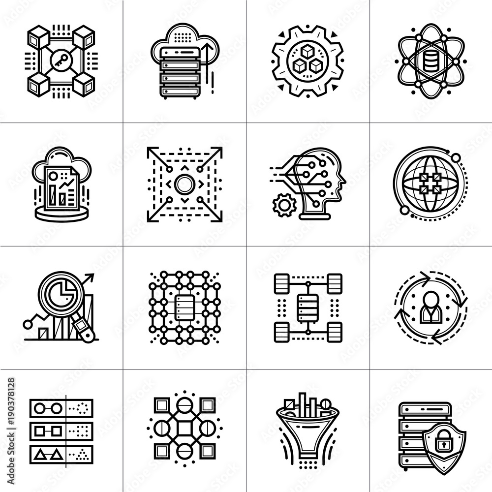Linear icon set of Data science technology and machine learning process ...