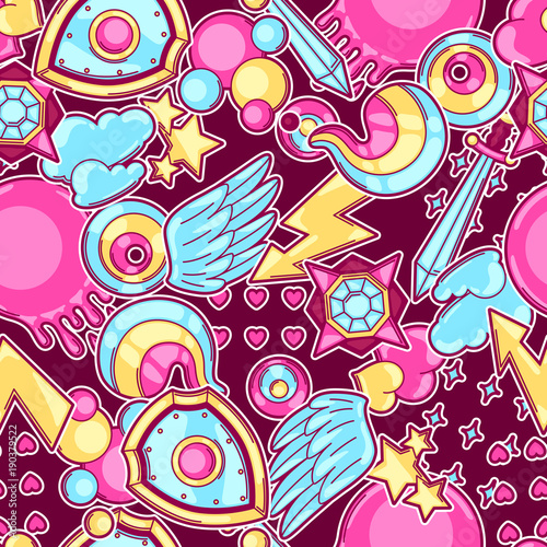 Seamless pattern with cartoon fantasy objects. Fashion symbols in comic style