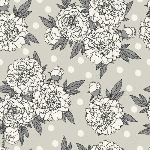 Fototapeta Naklejka Na Ścianę i Meble -  Seamless pattern with peonies. Can be used on packaging paper, fabric, background for different images, etc. Freehand drawing