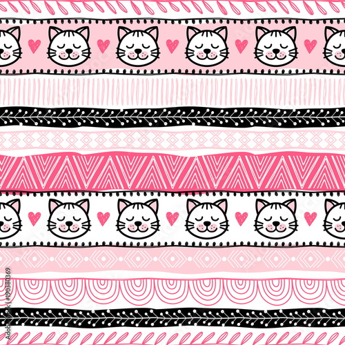 Template of seamless pattern with kittens. Can be used as background, packaging paper, cover, fabric and etc. Freehand drawing