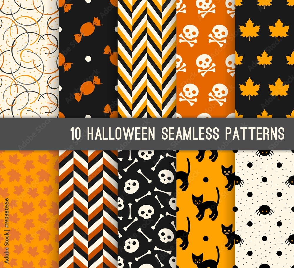 Ten Halloween different seamless patterns. Endless texture for wallpaper, web page background, wrapping paper and etc. Skulls, bones, cat and maple leaves
