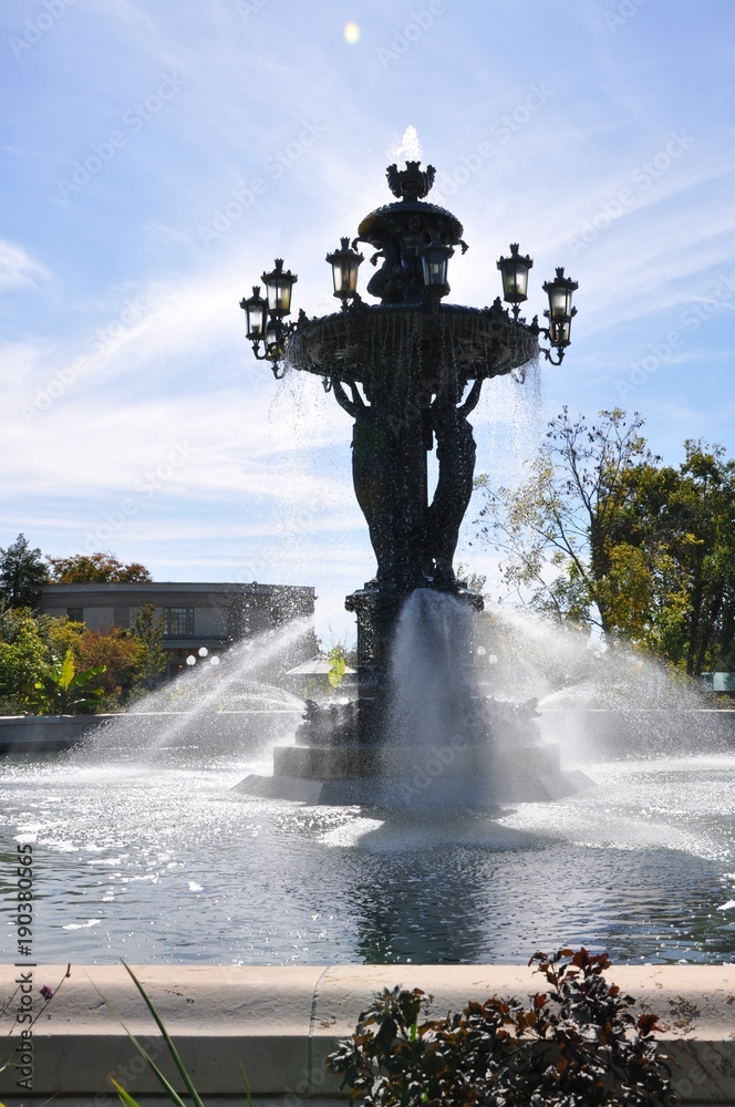 The fountain is a symbol of success and abundance./
The Bartholdi fountain is located near greenhouses of the Botanical garden.  