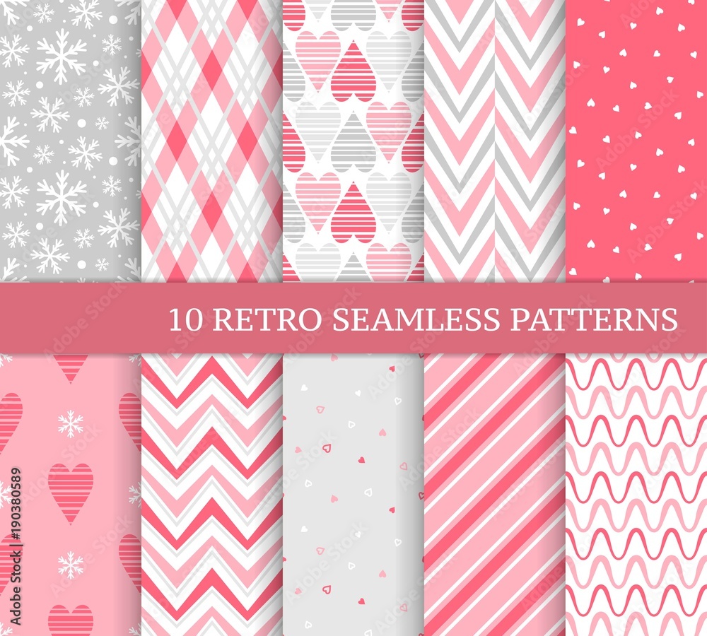 Ten retro different seamless patterns. Pretty and delicate pink backgrounds. Endless texture for wallpaper, web page, wrapping paper and etc. Retro love style. Snowflakes, chevron and hearts Ten retro different seamless patterns. Pretty and delicate pink backgrounds. Endless texture for wallpaper, web page, wrapping paper and etc. Retro love style. Snowflakes, chevron and hearts
