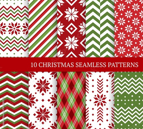 Ten Christmas different seamless patterns. Xmas endless texture for wallpaper, web page background, wrapping paper and etc. Retro style. Snowflakes, zigzag, color lines and Nordic motifs