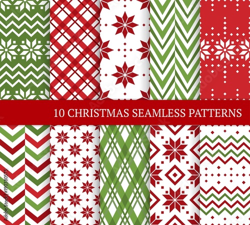 Ten Christmas different seamless patterns. Xmas endless texture for wallpaper, web page background, wrapping paper and etc. Retro style. Snowflakes, chevron, argyle, color lines and Nordic motifs