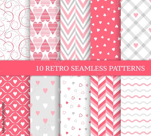 Ten different seamless patterns. Romantic pink backgrounds for Valentine's or wedding day. Endless texture for wallpaper, web page, wrapping paper and etc. Retro love style. Chevron, waves and hearts.