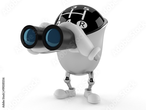 Gear knob character looking through binoculars