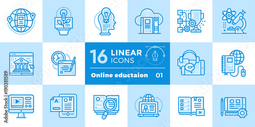 Linear icon set of Online education and e-learning. Material design icon suitable for print, website and presentation