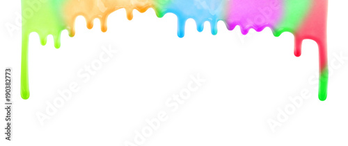 Rainbow multicolor colorful pouring paint drops. Glossy nail polish drips isolated