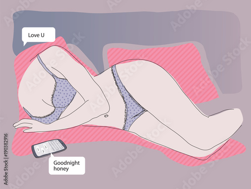 Online dating illustration. Young woman lying in bed with sexy lingerie texting her boyfriend. Modern digital romance. Mobile obsession. photo