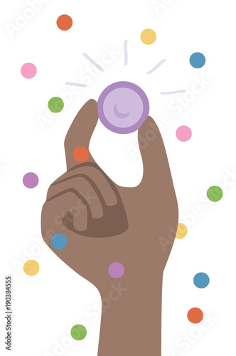 Fun and Safe Carnival - African American male hand holding purple condom with fingers. Safe sex and Confetti. Isolated vector illustration