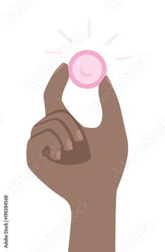 Responsible woman preventing pregnancy and disease. African American female holding pink condom with hand. Safe sex concept. Isolated vector illustration