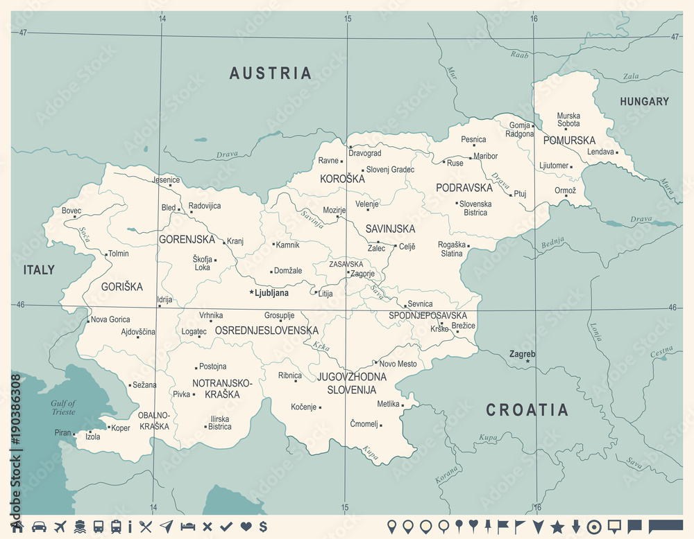 Slovenia Map - Vintage Detailed Vector Illustration