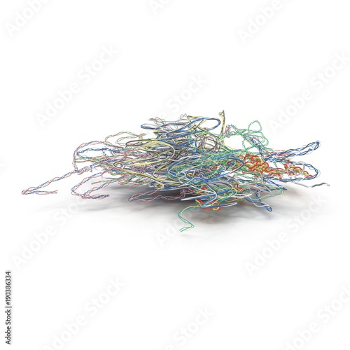 Old electrical cables during demolition. Tangled on on white. 3D illustration