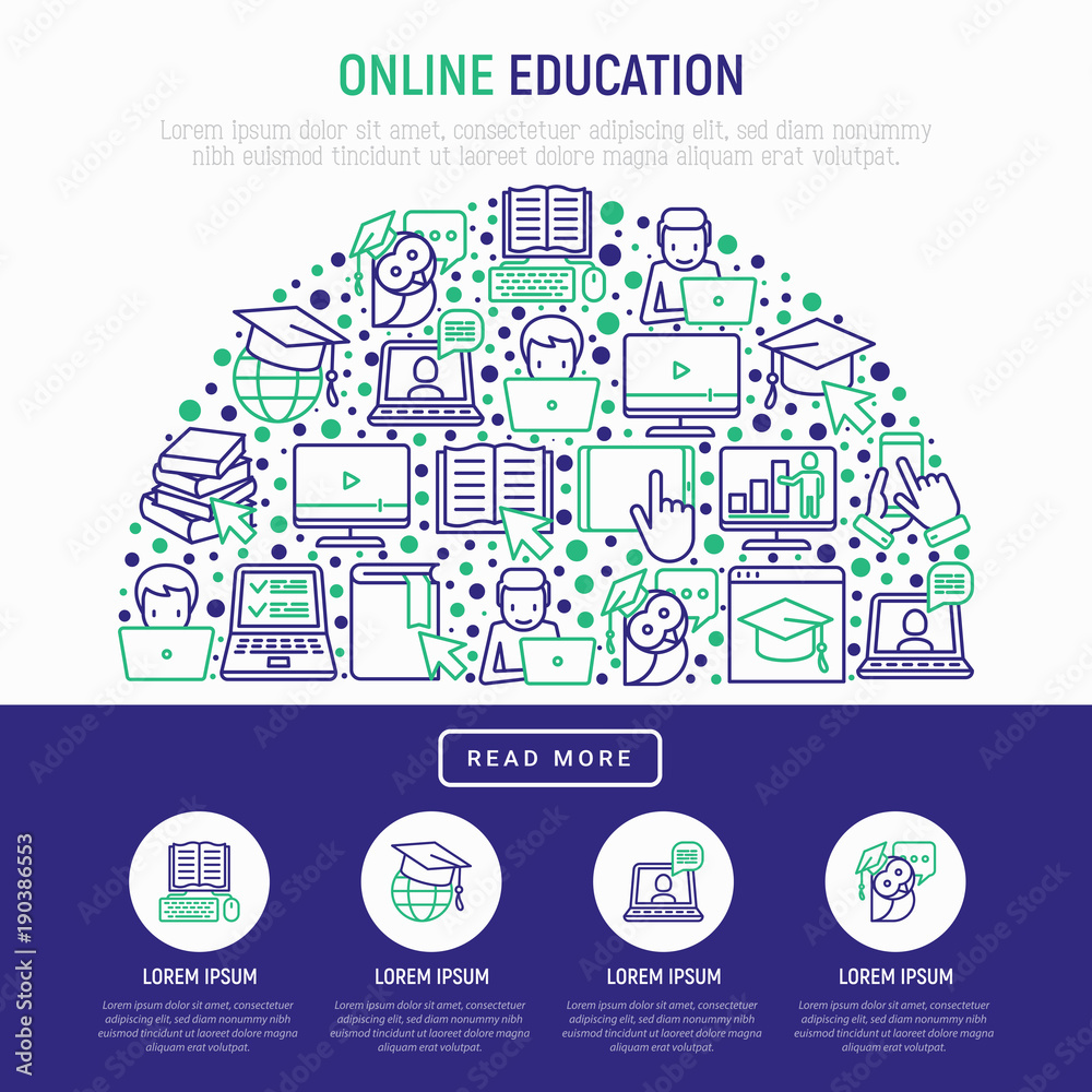 Online education concept in half circle with thin line icons: online course, webinar, e-book, video conference, home studying, wise owl in graduation cup. Modern vector illustration, web page template