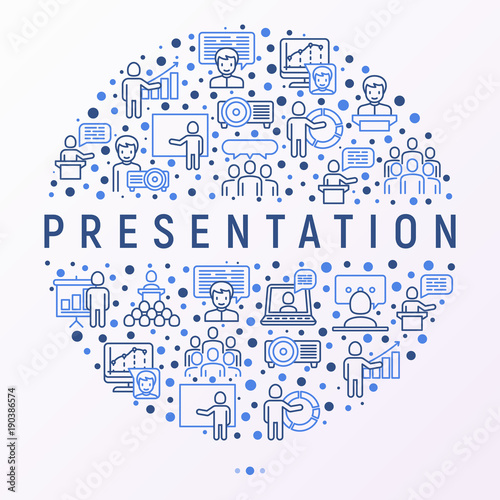 Presentation concept in circle with thin line icons: seminar, human at tribune, meeting, projector, audience, video call, conference, discussion. Modern vector illustration for print media, web page.