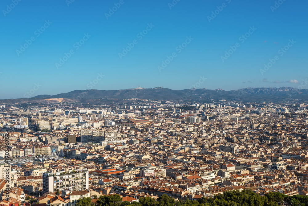 Aerial panoramic view of Marseille from basilica of Notre Dame de la Garde in Marseille, Provence, France