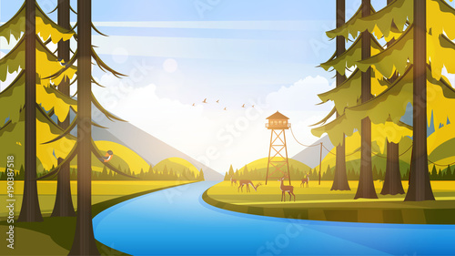 Vector Beautiful Flat Illustration Style Landscape in Spring/Summer. River Mountains and Trees.