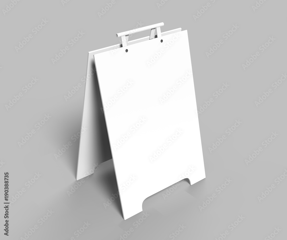 Crezon or PVC A-frame sandwich boards for design mock up and presentation. white blank 3d render illustration. Crezon or PVC A-frame sandwich boards for design mock up and presentation. white blank 3d render illustration.