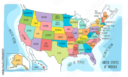 Vector map of the United States of America. Colorful sketch illustration with all 50 states
