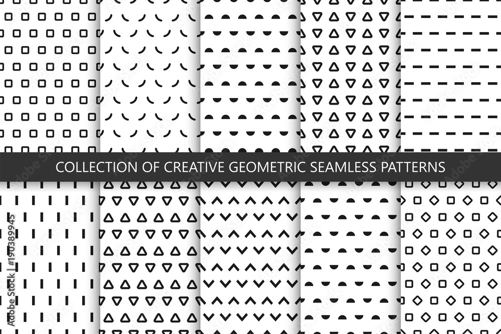 Collection of seamless geometric patterns - minimalistic design. Abstract simple backgrounds