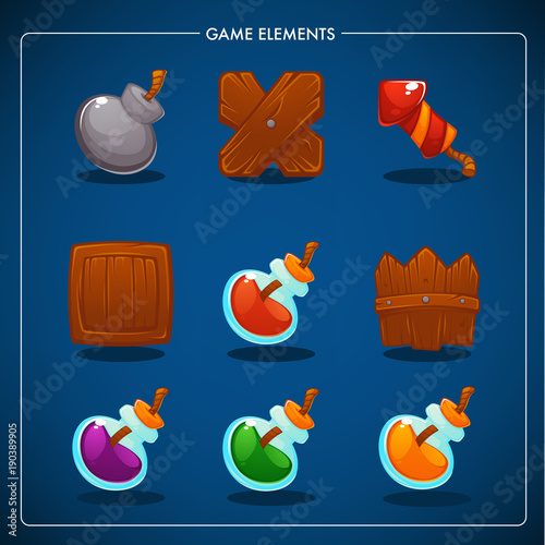 Match 3 Mobile Game, games objects, potion, bomb, dynamite, box, fence, petard