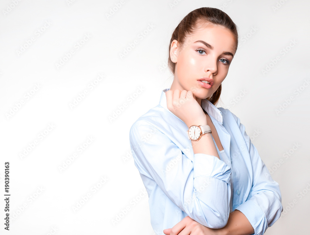 beautiful young woman with long hair wearing wrist watch beautiful young woman with long hair wearing wrist watch