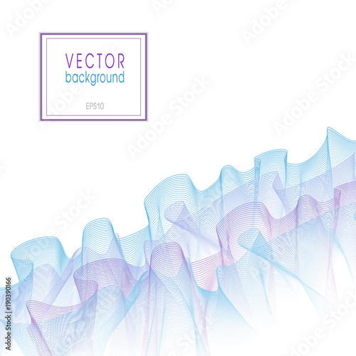 Blue, purple pleated veil, ribbon. White background. Ruched textile imitation, waving fabric. Elegant design. Abstract line art pattern. Subtle curves, soft gradient. Vector EPS10 illustration