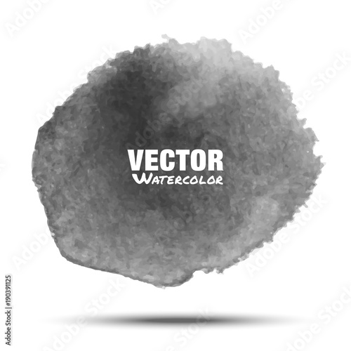 Dark gray black transparent watercolor vector circle stain isolated on white background with realistic paper watercolor texture. Aquarelle grey vibrant spot. Blur light wash drawing design element. 