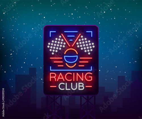 Racing Sports billboard neon logo emblem pattern. A glowing sign on the theme of the races. Neon sign, light banner. Vector illustration