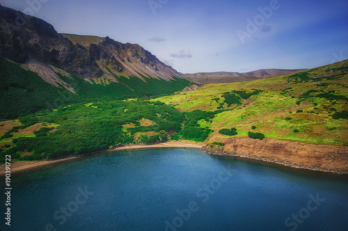 Lake in the Caldera volcano Ksudach. South Kamchatka. Russia. Nature Park. View from the helicopter. photo