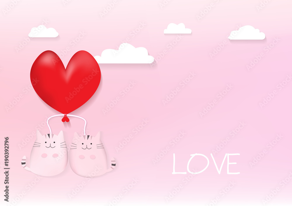 Two cute cats on a red heart balloon with clouds on pink background that can use for valentine or wedding card. Love letter.