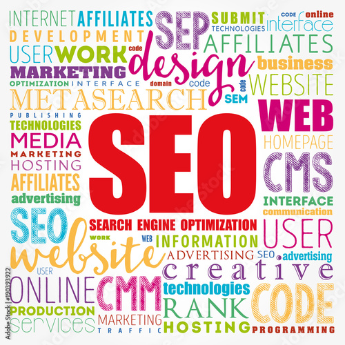 SEO (Search Engine Optimization) word cloud collage, technology concept background