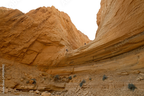 Climber abseiling down from rock cliff in dry wadi in Judea desert.