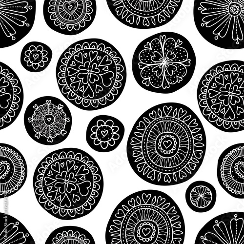 Black polka dot with flowers motif.