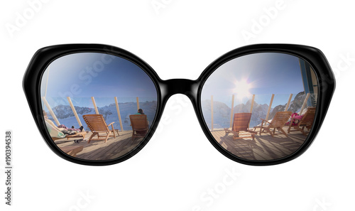 Sunglasses with reflection of Snow mountains