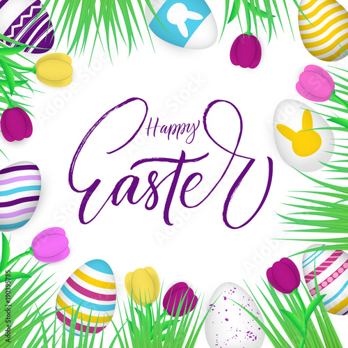 Happy Easter poster with modern brush calligraphy phrase.