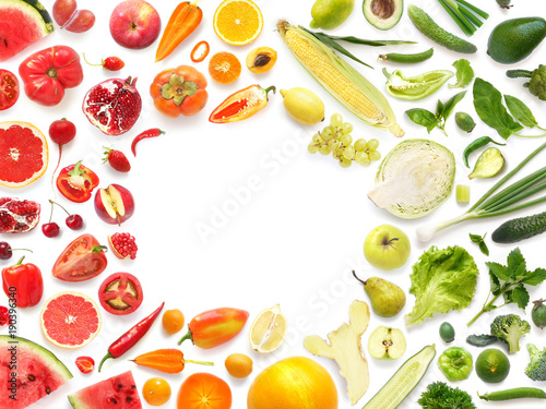 Frame of various vegetables and fruits isolated on white background with empty space for text, top view, flat lay. Concept of healthy eating. 